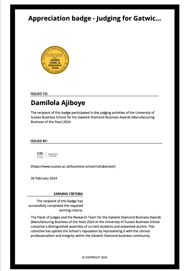 Gatwick Diamond certificate